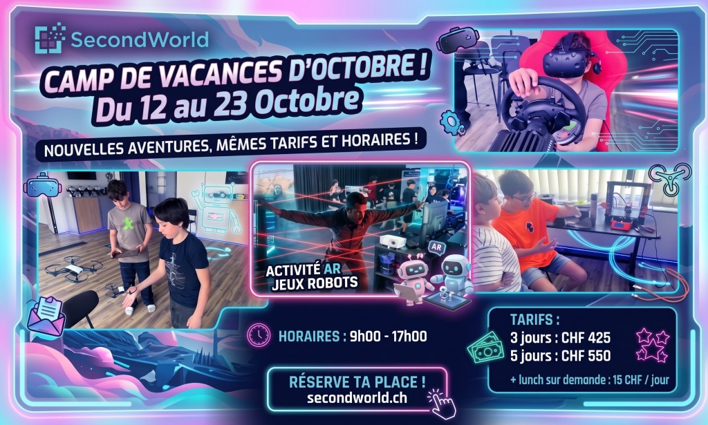 Affiche du camp de vacances VR d’automne 2026 de SecondWorld, du 12 au 23 octobre à Lausanne et Signy.